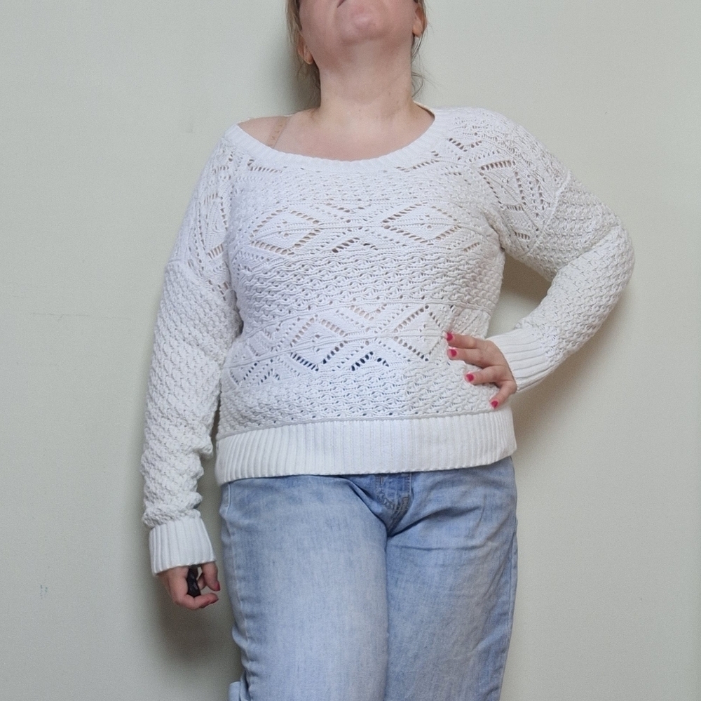 American Eagle White Diamond Knit Long Sleeve Scoop Neck Sweater Size Medium